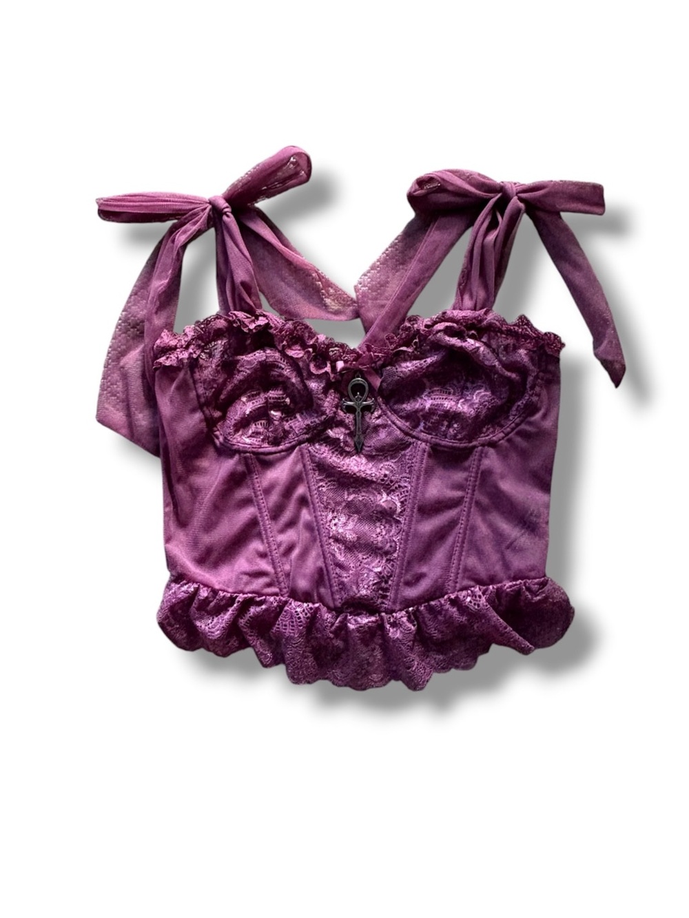 DollsKill | Widow Y2K Goth Sheer Lace Mesh Frilly Zip Up Corset Top With Charm - Picture 1 of 6